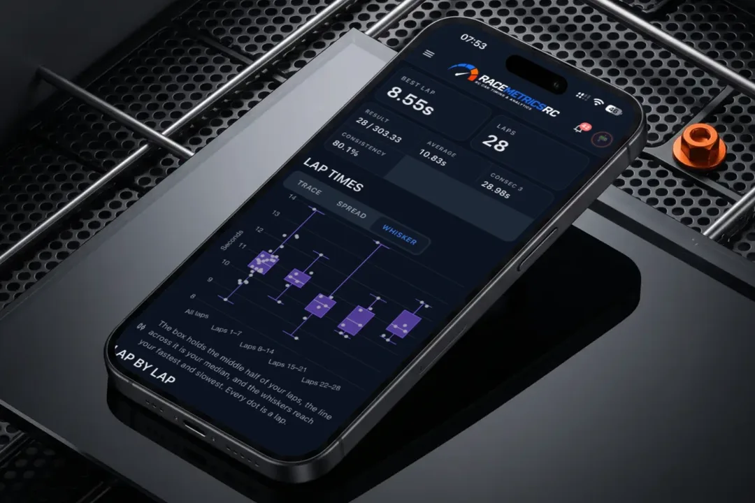 The RaceMetrics RC app on a phone, showing a race's best lap, consistency and a lap-time spread chart