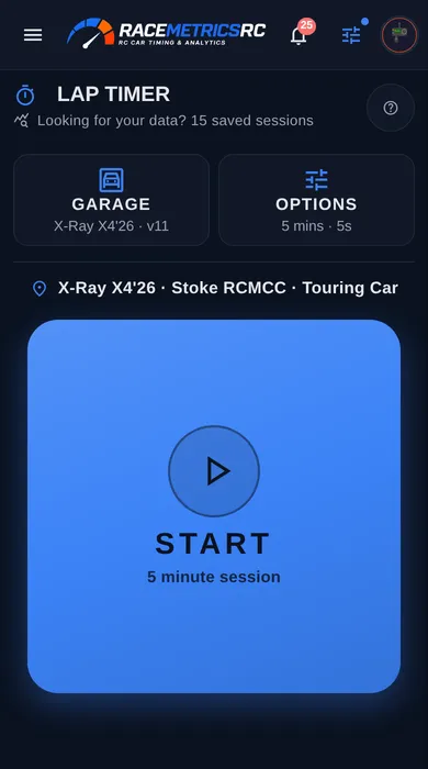 The Lap Timer ready to start a five-minute session with a chosen car